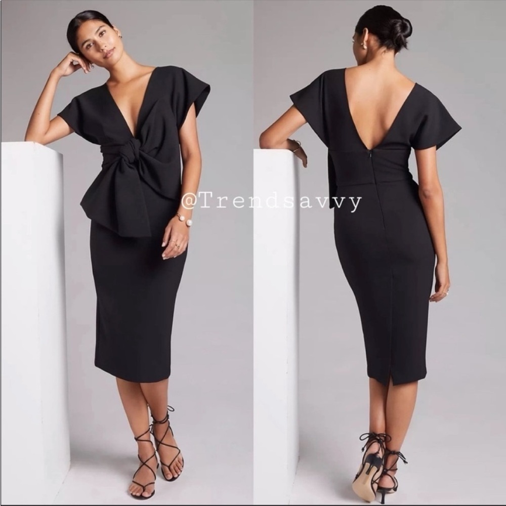 Anthropologie Moda Zeta Black Bow Front Midi Dress Deep V Cocktail Wedding Guest